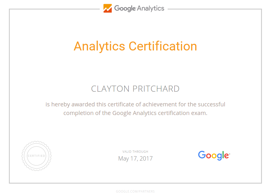 Clayton Pritchard's Google Analytics Certification