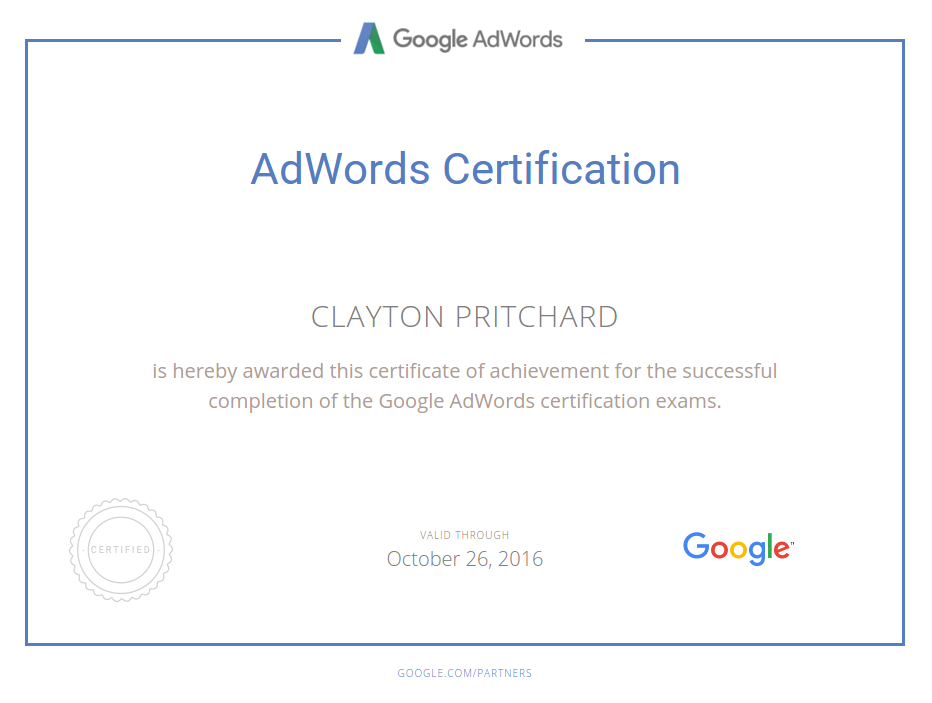 Clayton Pritchard's Google AdWords Certification