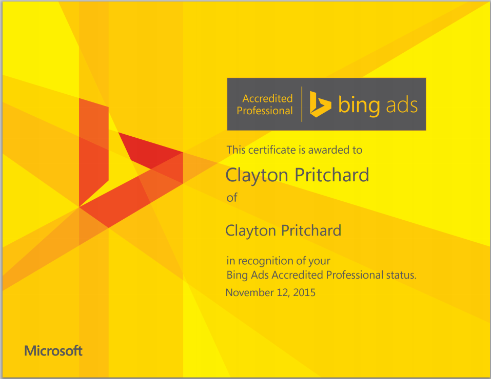 Clayton Pritchard's Bing Ads Accreditation